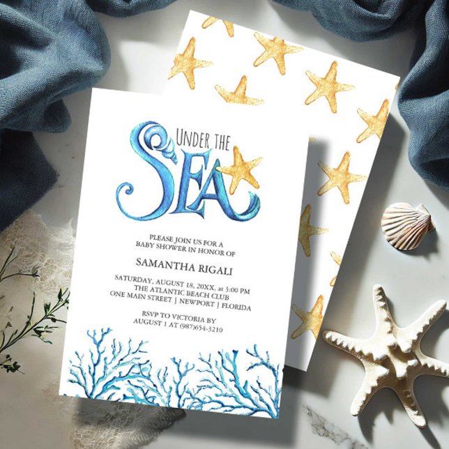 Invitation Baby shower pour BoyInvitations Aquarelle Mer (Boy baby shower invitations ocean theme under the sea watercolor art Victoria Grigaliunas)