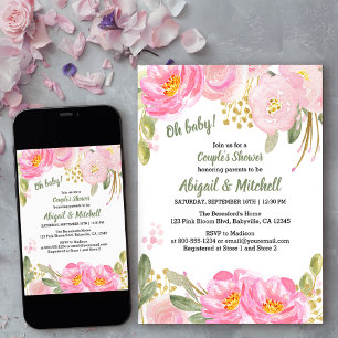 Invitation Baby Shower pour couples à l'aquarelle florale or