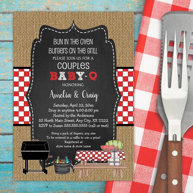 Invitation Baby shower pour couples, Baby Q, burgers sur le g (Créateur téléchargé)