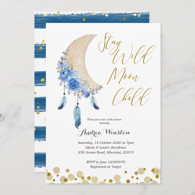 Invitation Baby shower pour enfants Blue Stay Wild Moon (Devant / Derrière)