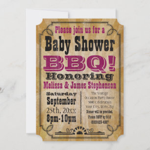 Invitation Baby shower pour fille rose vintage barbecue barbe