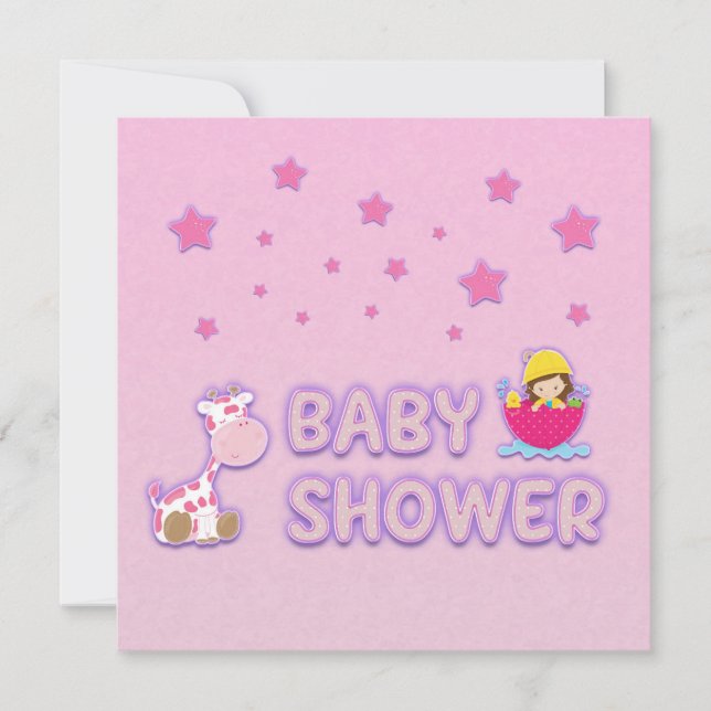 Invitation Baby shower pour filles étoiles et girafe (Devant)