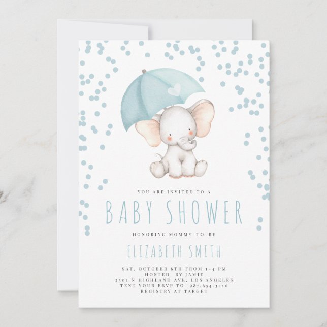 Invitation Baby shower pour garçon avec pluie d'éléphant bleu (Devant)