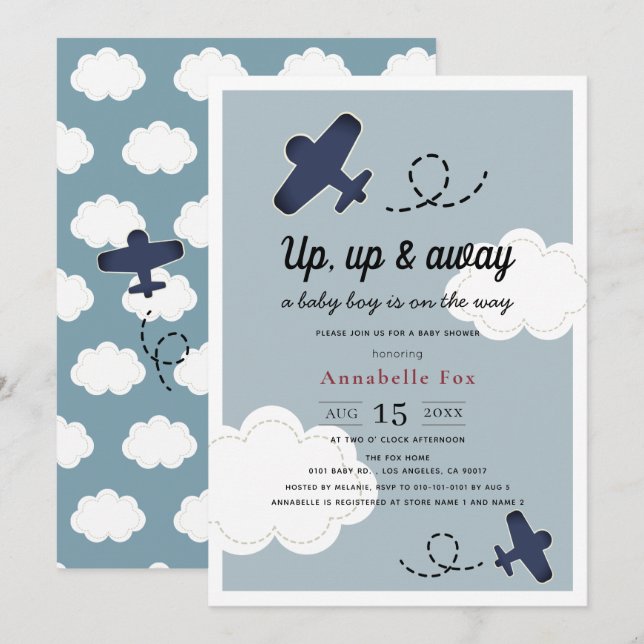 Invitation Baby shower pour garçon bleu de l'avion vers le ha (Devant / Derrière)