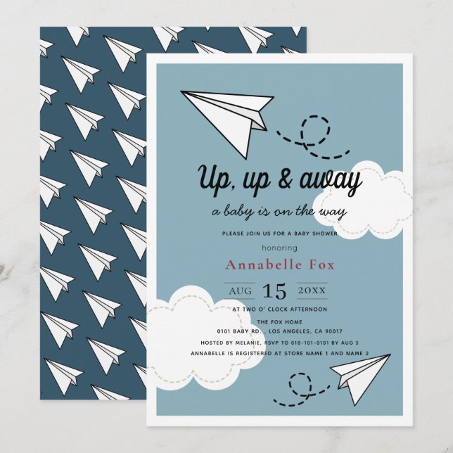Invitation Baby shower pour garçon bleu plan en papier haut e (Devant / Derrière)