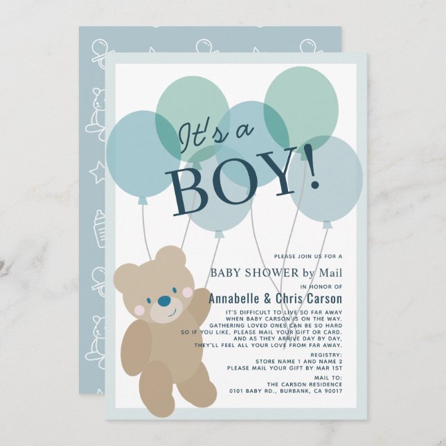 Invitation Baby shower pour garçon bleu Teddy Bear par courri (Devant / Derrière)