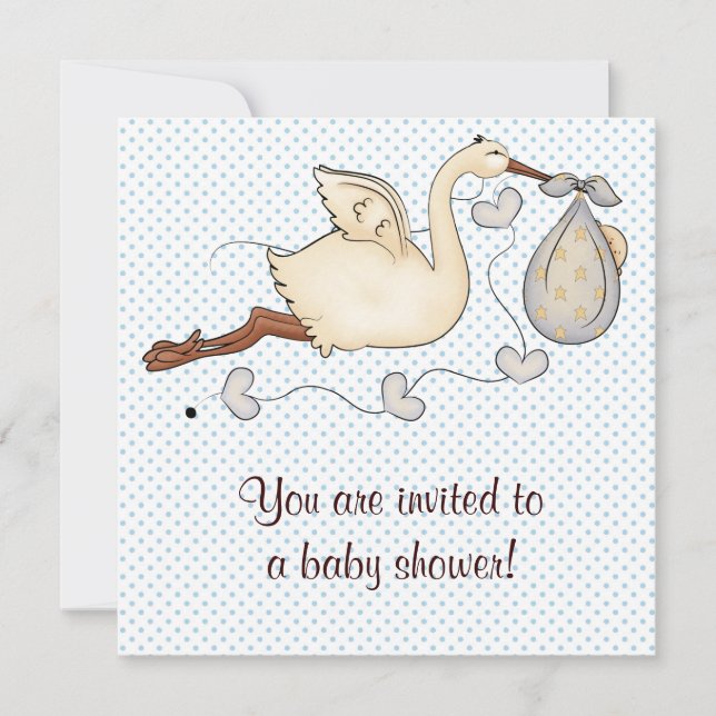 Invitation Baby-Shower pour garçon cigogne bleue (Devant)