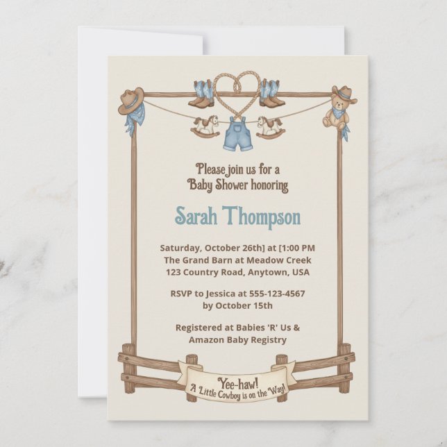 Invitation Baby shower pour garçon en cow-boy rustique (Devant)