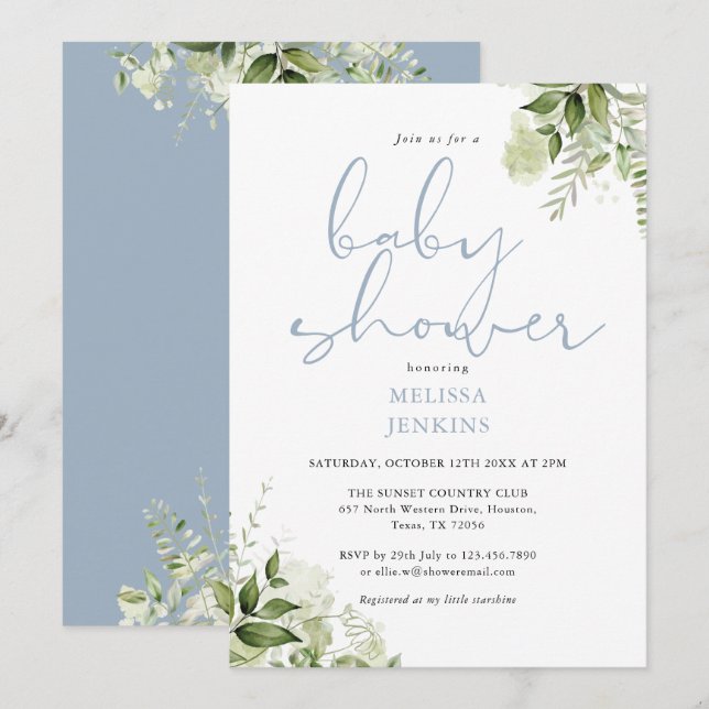 Invitation Baby Shower pour garçon Fleurs Bleu Poussiéreux et (Devant / Derrière)