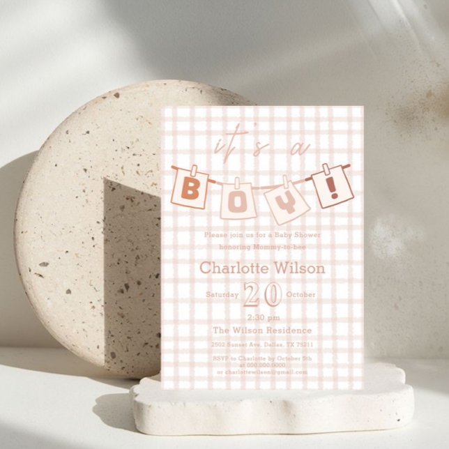 Invitation Baby shower pour garçon mignon Gingham marron Note (Créateur téléchargé)