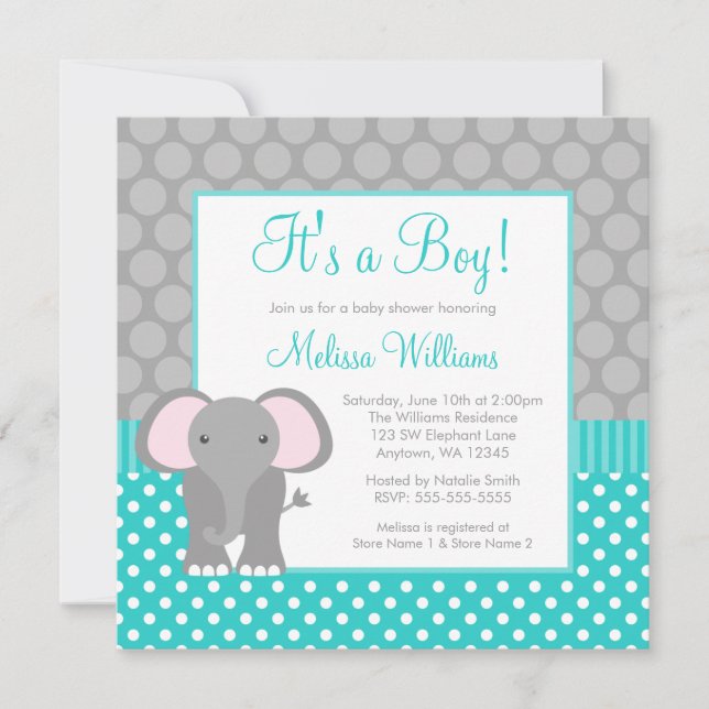 Invitation Baby shower pour garçon Polka Dot gris turquoise (Devant)