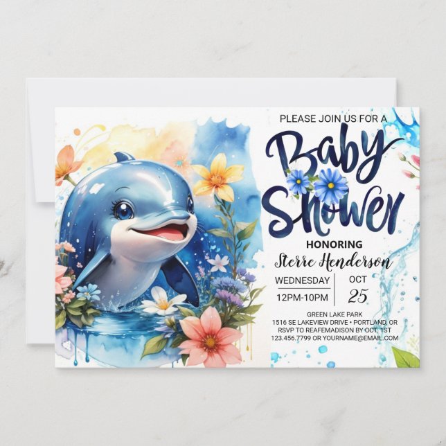 Invitation Baby shower pour garçons dauphins modifiable (Devant)