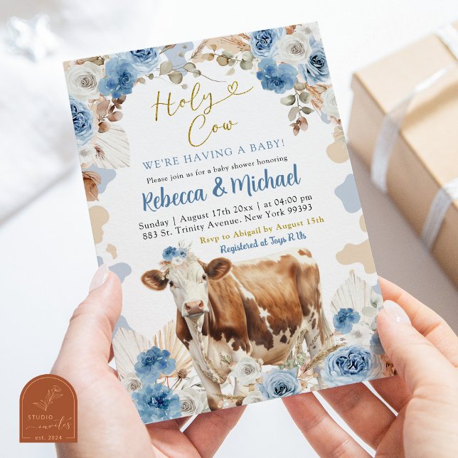 Invitation Baby shower pour garçons de la ferme Blue Boho Cow (Créateur téléchargé)