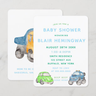 Invitation Baby shower pour garçons de voitures aquarelle
