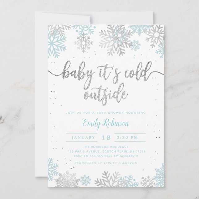 Invitation Baby shower Pour Garçons D'Hiver Blue Et Silver Sn (Devant)