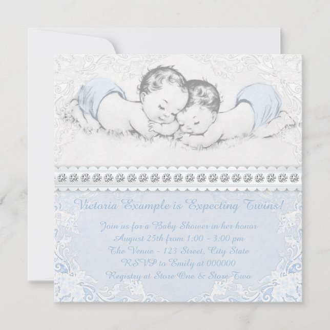 Invitation Baby-Shower pour jumeaux garçons bleu élégant (Devant)