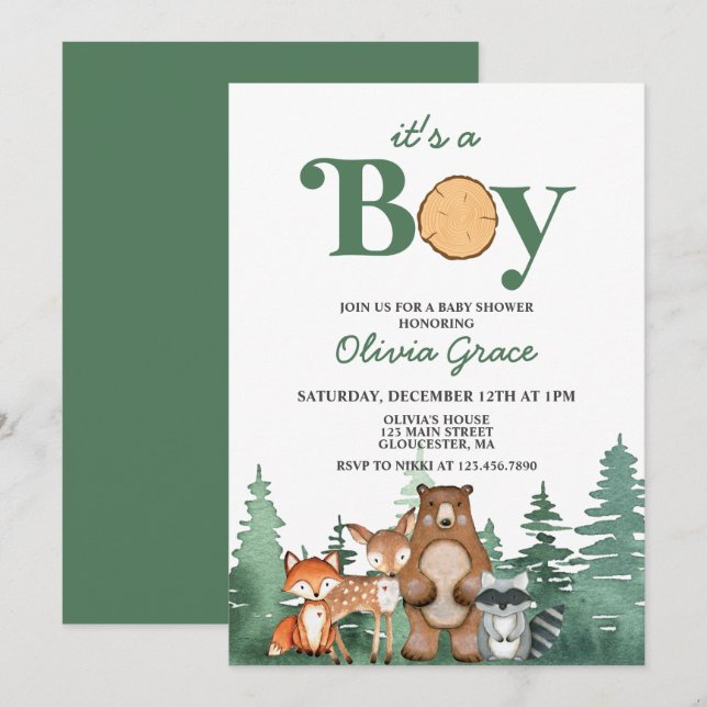Invitation Baby shower pour les boisés de la forêt (Devant / Derrière)