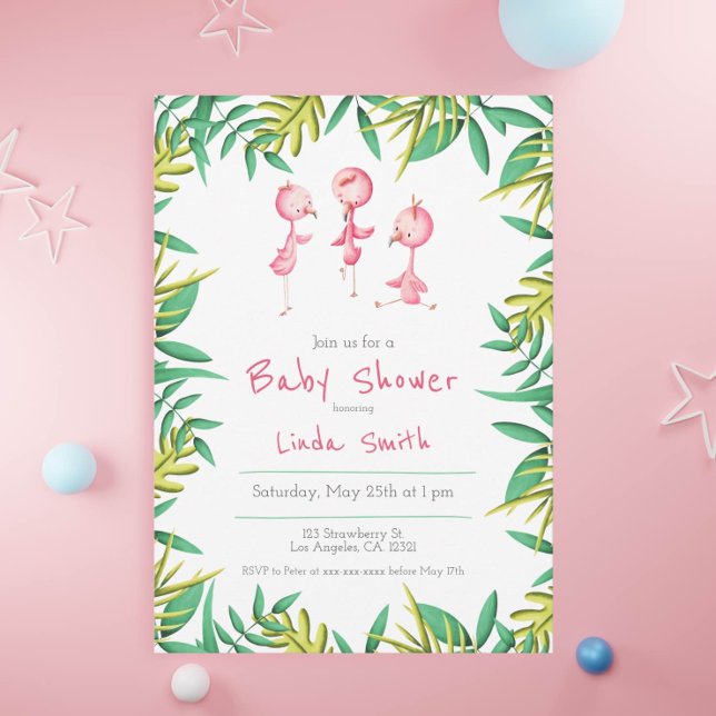 Invitation Baby Shower pour les triplés Flamingo Tropical (Créateur téléchargé)