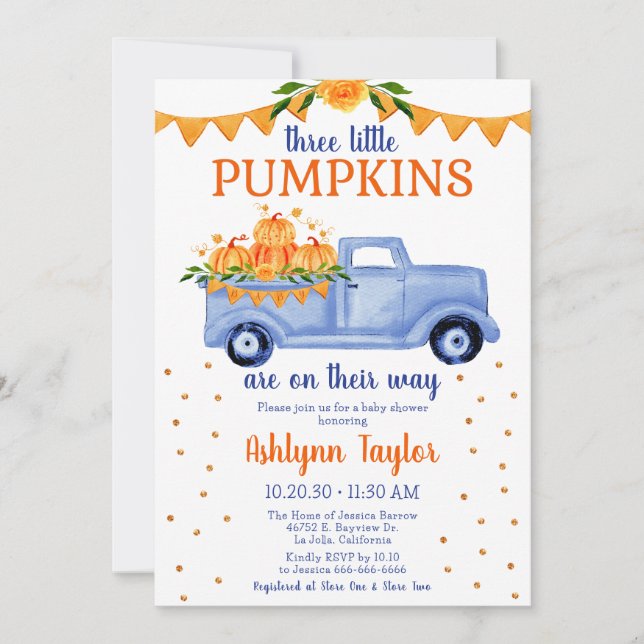 Invitation Baby Shower pour les triplés garçon Little Pumpkin (Devant)