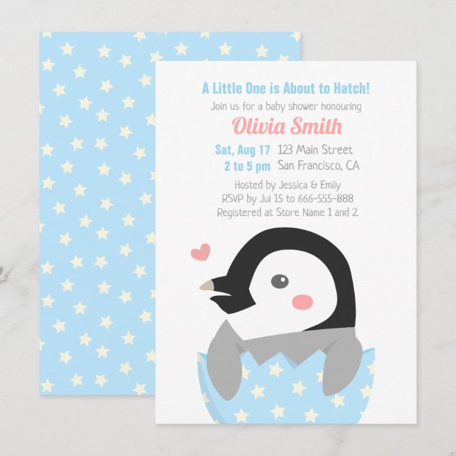 Invitation Baby Shower Pour Petit Pingouin Fraîchement Éclos (Devant / Derrière)