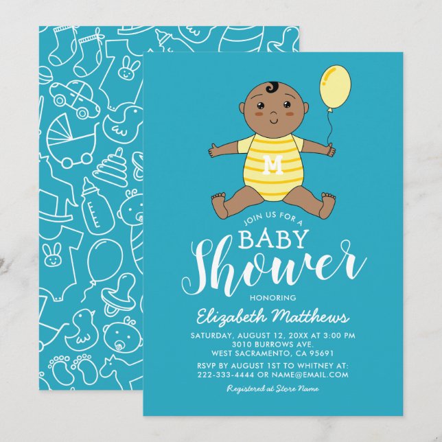 Invitation Baby shower pour un adorable petit garçon afro-amé (Devant / Derrière)