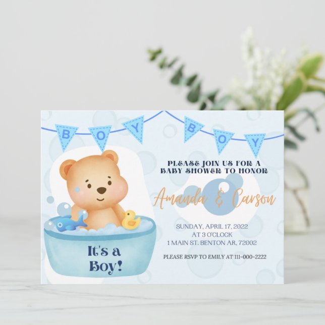 Invitation Baby shower pour un garçon bain à bulle ours  (Debout devant)