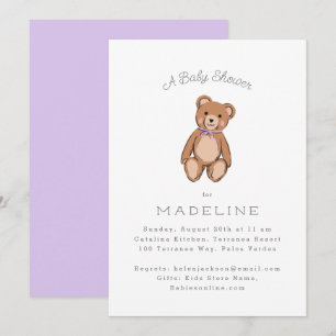 Invitation Baby shower pourpre de l'ours en peluche classique