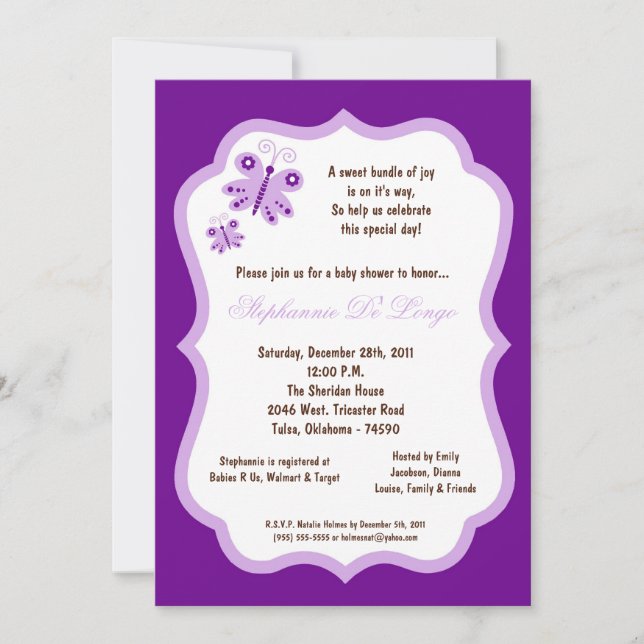 Invitation baby shower pourpre foncé du papillon 5x7 (Devant)