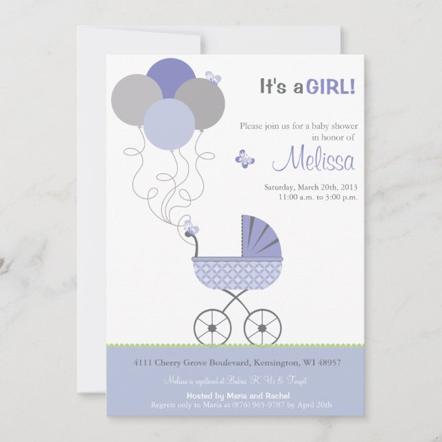 Invitation baby shower - Poussette et ballons (Devant)