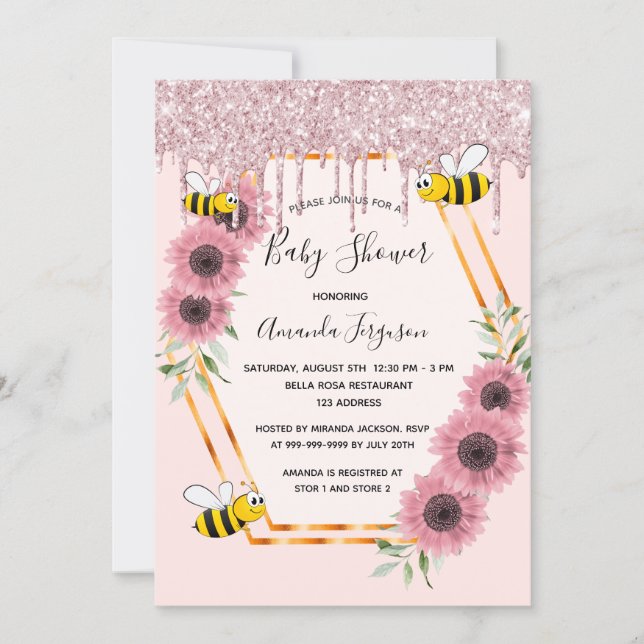 Invitation Baby shower poussiéreux rose or parties scintillan (Devant)