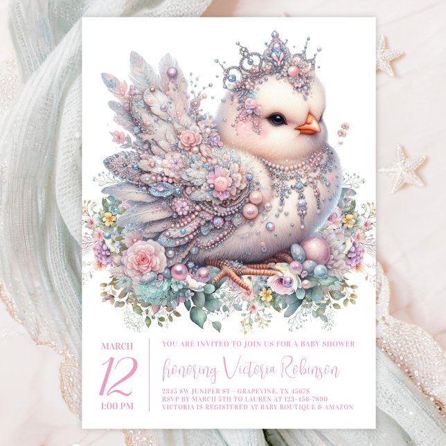 Invitation Baby Shower Poussin Bijou (Precious jeweled chick with crown on a pretty pastel floral background. )