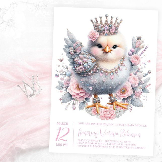 Invitation Baby Shower Poussin de Pâques (Precious newborn chick with jewels and crown on a pink floral background. )