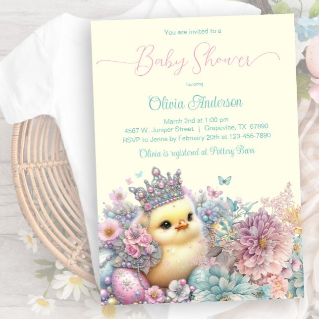 Invitation Baby Shower Poussin de Pâques Pastel (Sweet little chick with pretty eggs, butterflies and flowers. Instant download and printed available)