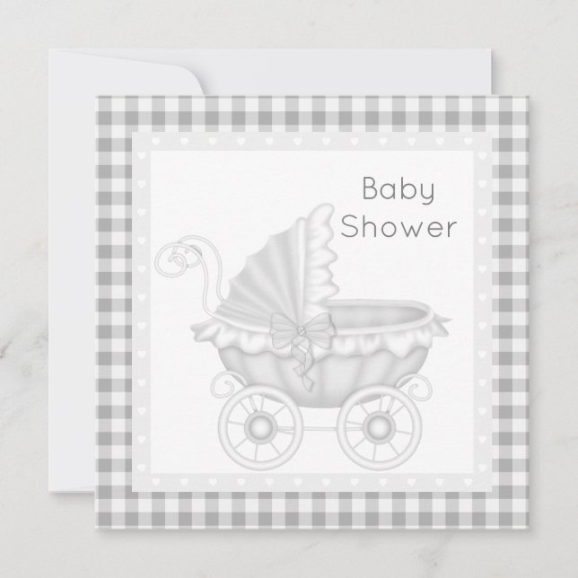 INVITATION BABY SHOWER PRAM vintage GRAS/BLANC (Devant)