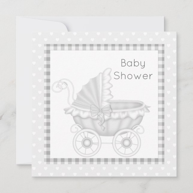 INVITATION BABY SHOWER PRAM vintage GRAS/BLANC (Devant)