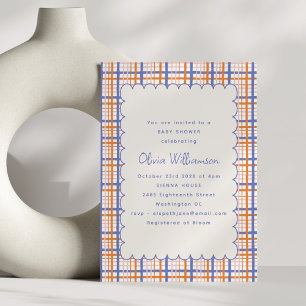 Invitation Baby-Shower Prépa Orange et Bleu à Carreaux