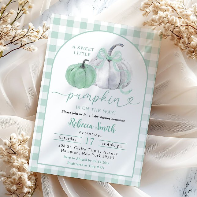 Invitation Baby Shower Préparé Vert Sauge Gingham Citrouille (Créateur téléchargé)