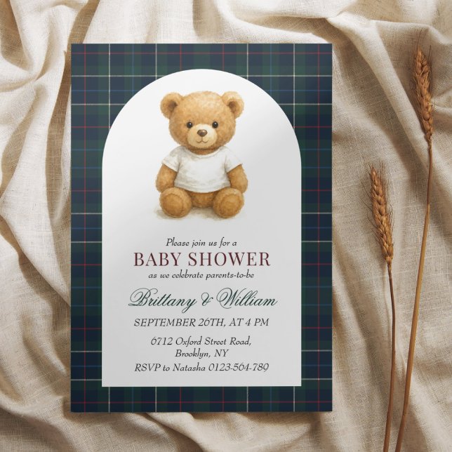 Invitation Baby shower préppy Teddy Bear Plaid (Créateur téléchargé)