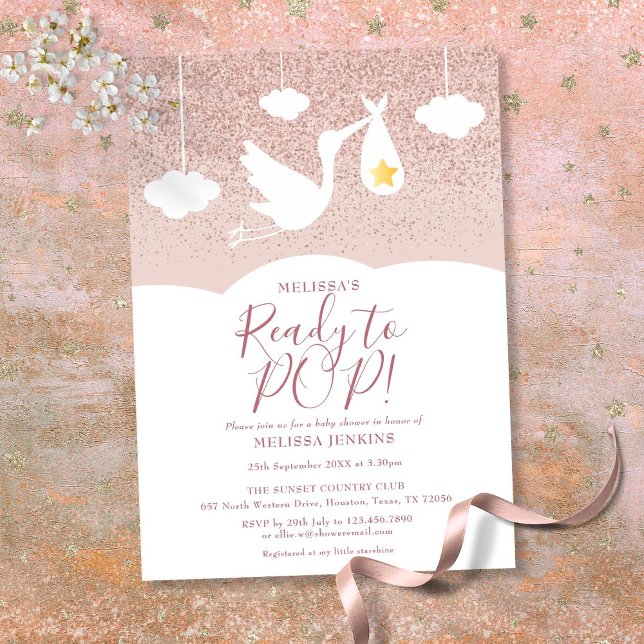 Invitation Baby shower prêt pour la  Pop Stork Rose Parties s (Baby Shower Ready to Pop Stork Rose Gold Glitter Invitation)