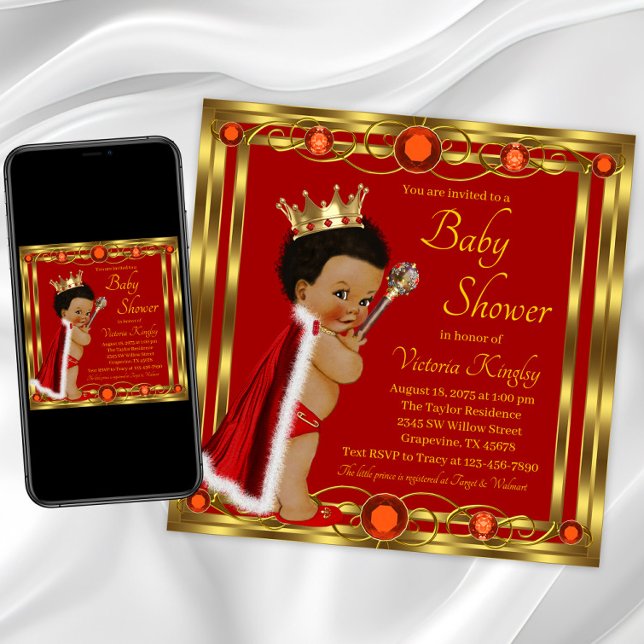 Invitation Baby Shower Prince Afro Or Rouge (Red gold prince baby shower invitation. Instant download and printed invitations available. )