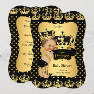 Invitation Baby Shower Prince Bébé Noir Or Points de Polka Br
