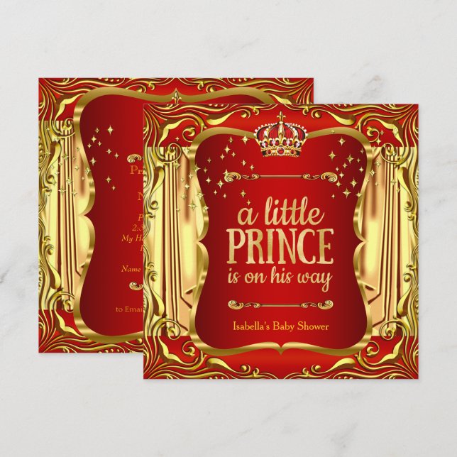 Invitation Baby Shower Prince Bébé Rouge Or Garçon (Devant / Derrière)