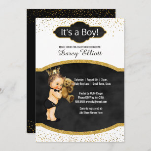 Invitation Baby shower Prince Boy  Black Faux Gold Parties sc
