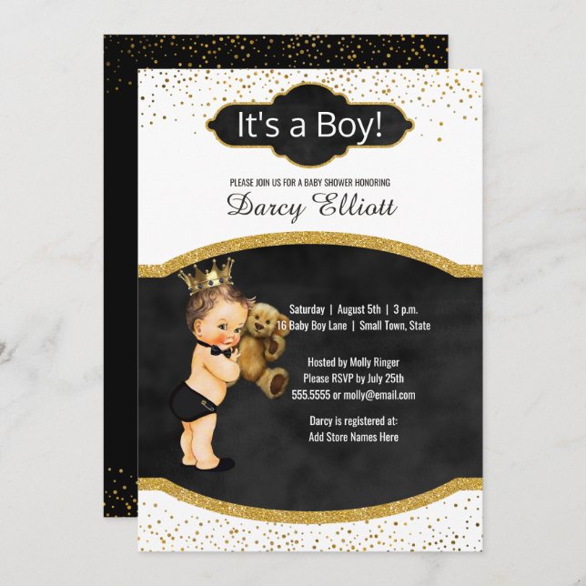 Invitation Baby shower Prince Boy | Parties scintillant Black (Devant / Derrière)