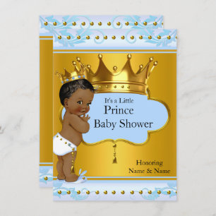 Invitation Baby shower Prince Cute Boy Blue Gold Crown Ethnic