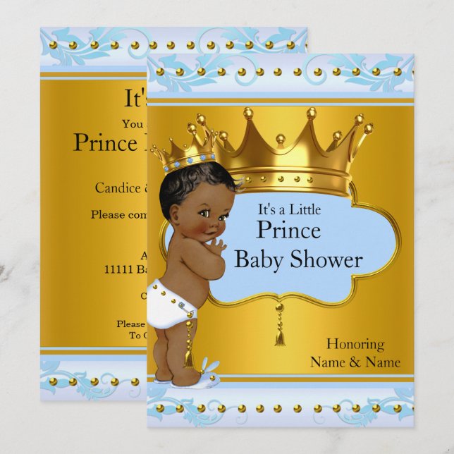 Invitation Baby shower Prince Cute Boy Blue Gold Crown Ethnic (Devant / Derrière)