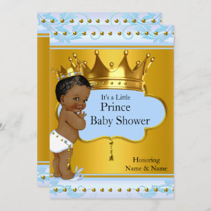 Invitation Baby shower Prince Cute Boy Blue Gold Crown Ethnic