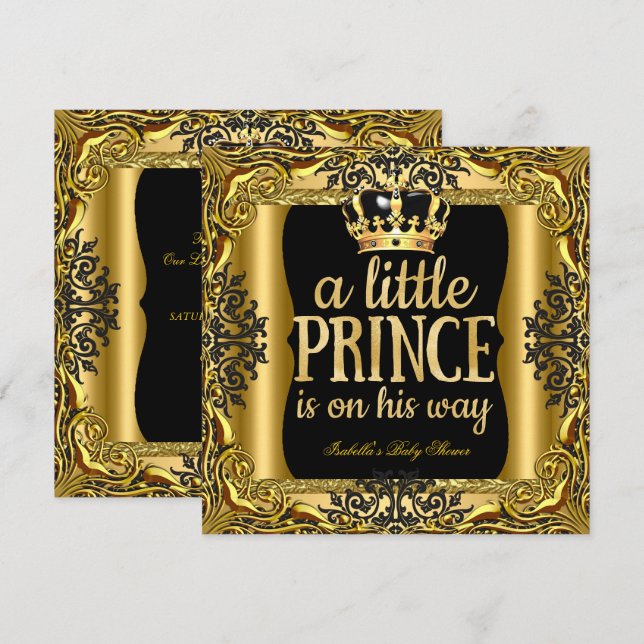 Invitation Baby Shower Prince en route Or Noir (Devant / Derrière)
