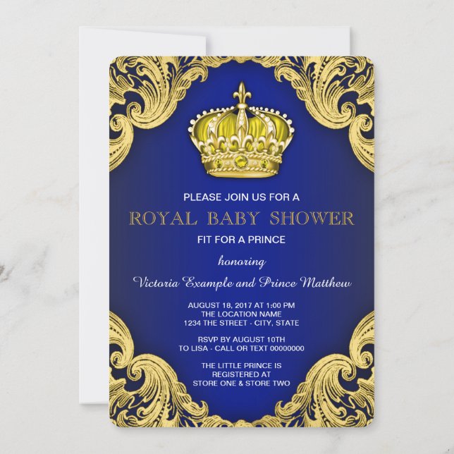 Invitation Baby shower Prince Fancy Bleu et Or (Dos)