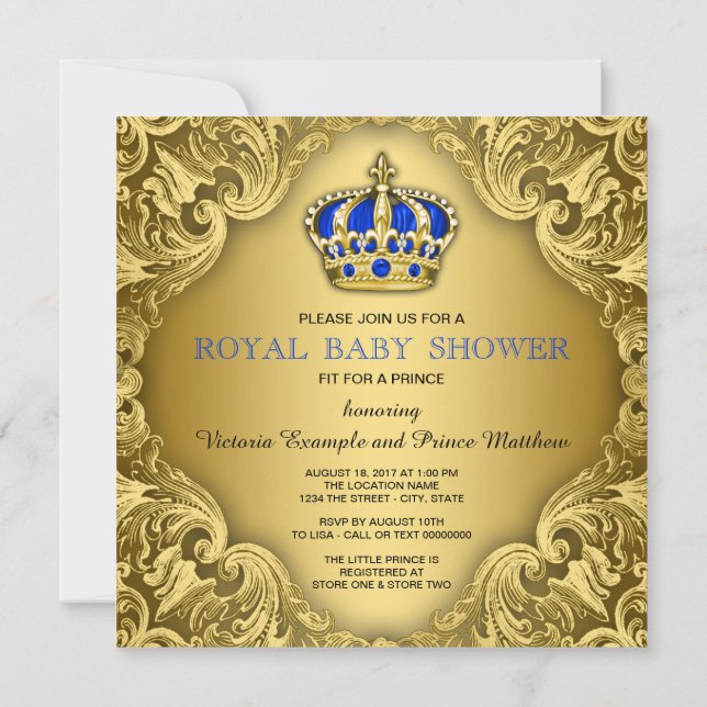 Invitation Baby shower Prince Fancy Bleu et Or (Dos)